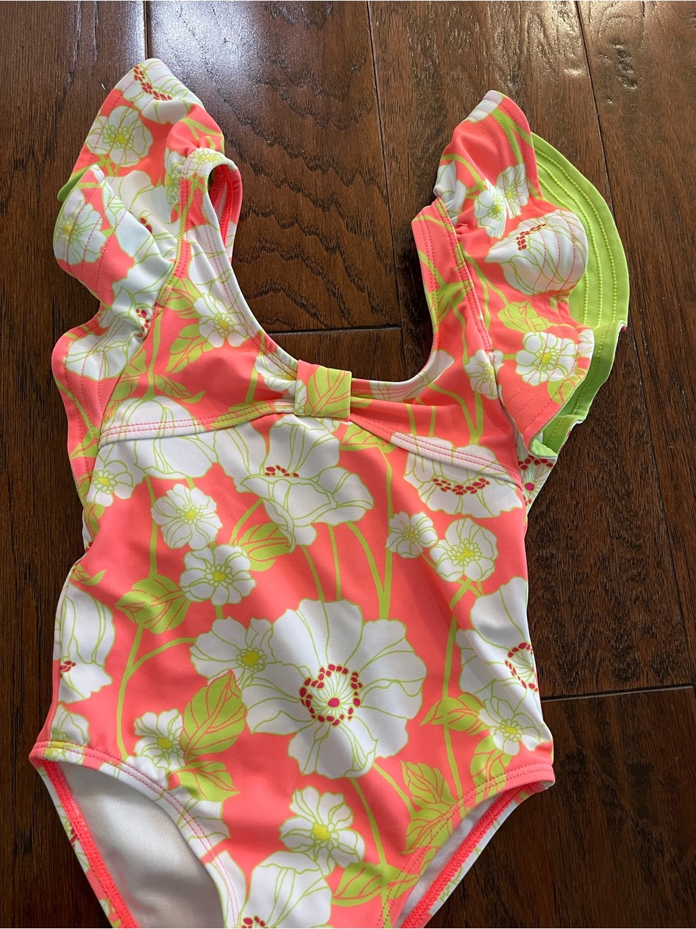 Janie and Jack Coral Floral Ruffle One-Piece Swimsuit with Lime Accents New